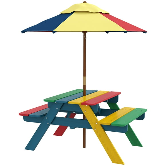 Outsunny Kids Picnic Table Bench Set with Removable Umbrella for Backyard
