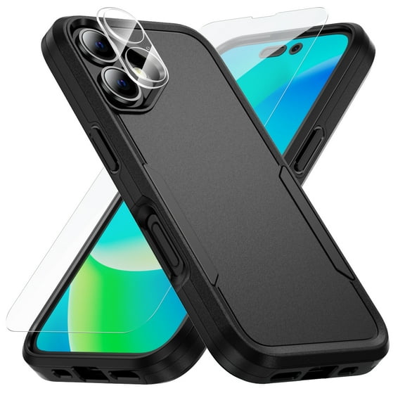 Dteck 3 in 1 for iPhone 16 Case with Tempered Glass Screen Protector & Camera Lens Cover, Military Grade Protection Full Body Shockproof Rugged Protective Cover for iPhone 16,Black