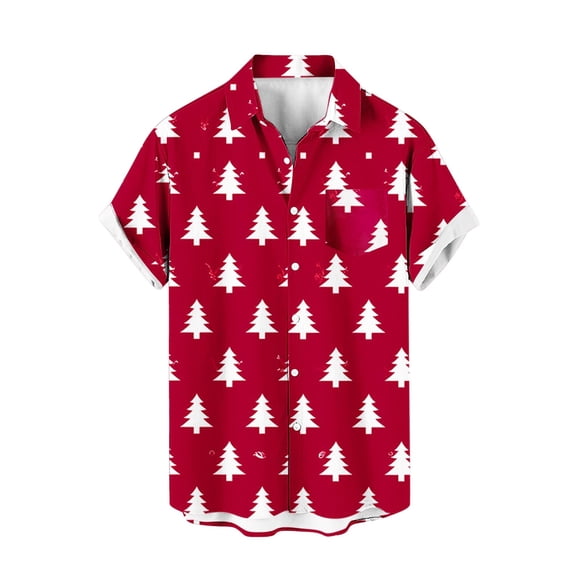 Mens Manga Corta Botón Abajo Camisas, Navidad Impreso Turndown Cuello Blusa, Top de Moda Casual