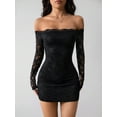 thumbnail image 6 of Womens Lace Trim Off Shoulder Long Sleeve Slim Fit Dress Flattering Outing Gown Black S, 6 of 10