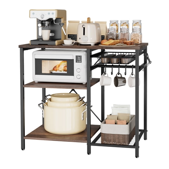 VEVOR Kitchen Bakers Rack, 35.4 inch Width Bakers Rack, Kitchen Stand with X-Shaped Support Bar, 5 S-Shaped Hooks, Multi-Layer Storage Shelf, Coffee Bar Stand for Dishes & Bowls, Spice Bottles