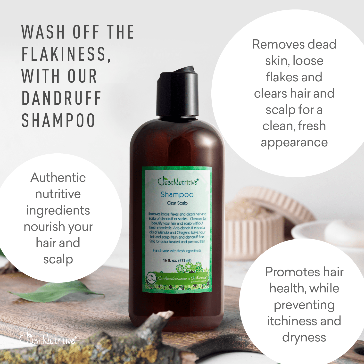 Just Nutritive Dandruff Shampoo, Soothe, Moisturize & Clarify Scalp & Hair, Pareben-Free, 16oz