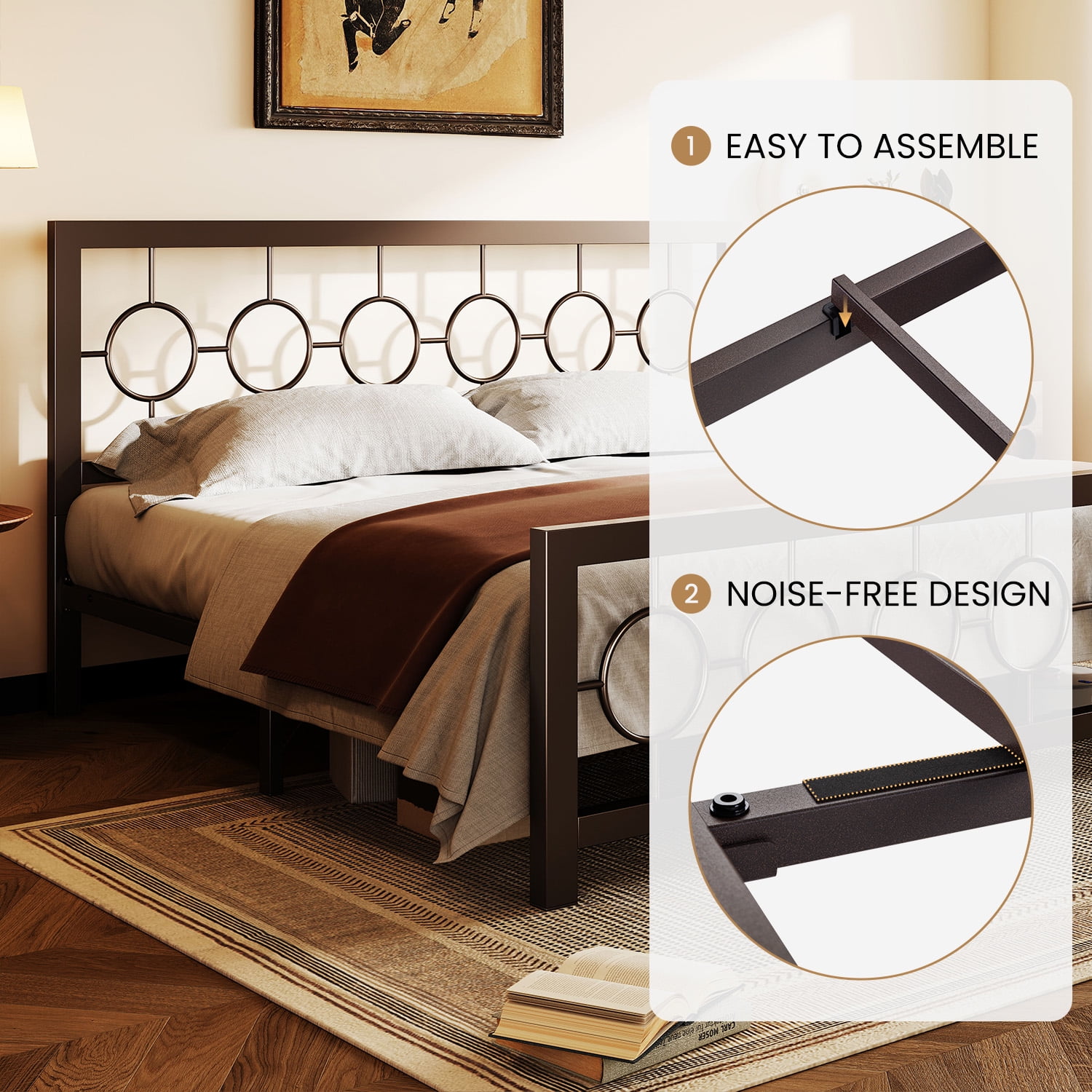 Amolife King Size Bed Frame, Heavy Duty Metal Platform Bed with Vintage Circular Headboard & Footboard, Brown