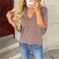 thumbnail image 4 of Women's Striped T-Shirts Trendy V-Neck Shirt Long Sleeve Button Tees Casual Fashion Shirts Classic Fit Pullover Tops (2XL, Brown), 4 of 6