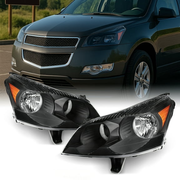 AKKON - Fits 2009 2010 2011 2012 Chevy Traverse Black Bezel Headlights Headlamps Direct Replacement