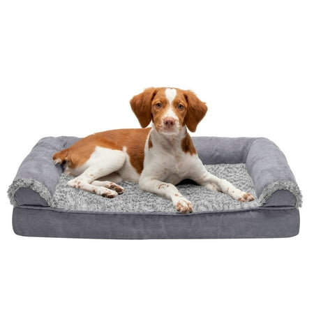 UPC: 0842229124163 | FurHaven Pet Products | Memory Foam Two-Tone Faux Fur & Suede Sofa-Style Couch Pet Bed for Dogs & Cats Stone Gray Medium
