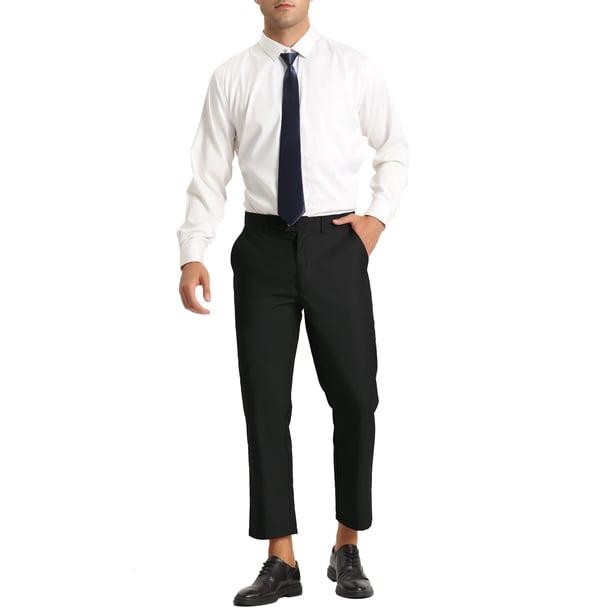 black skinny fit cropped ankle button men's dress pants Ankle Length Slim Fit Cropped Pants Inspire Chic Men's Cropped Pants Skinny Pleated Front Ankle Length