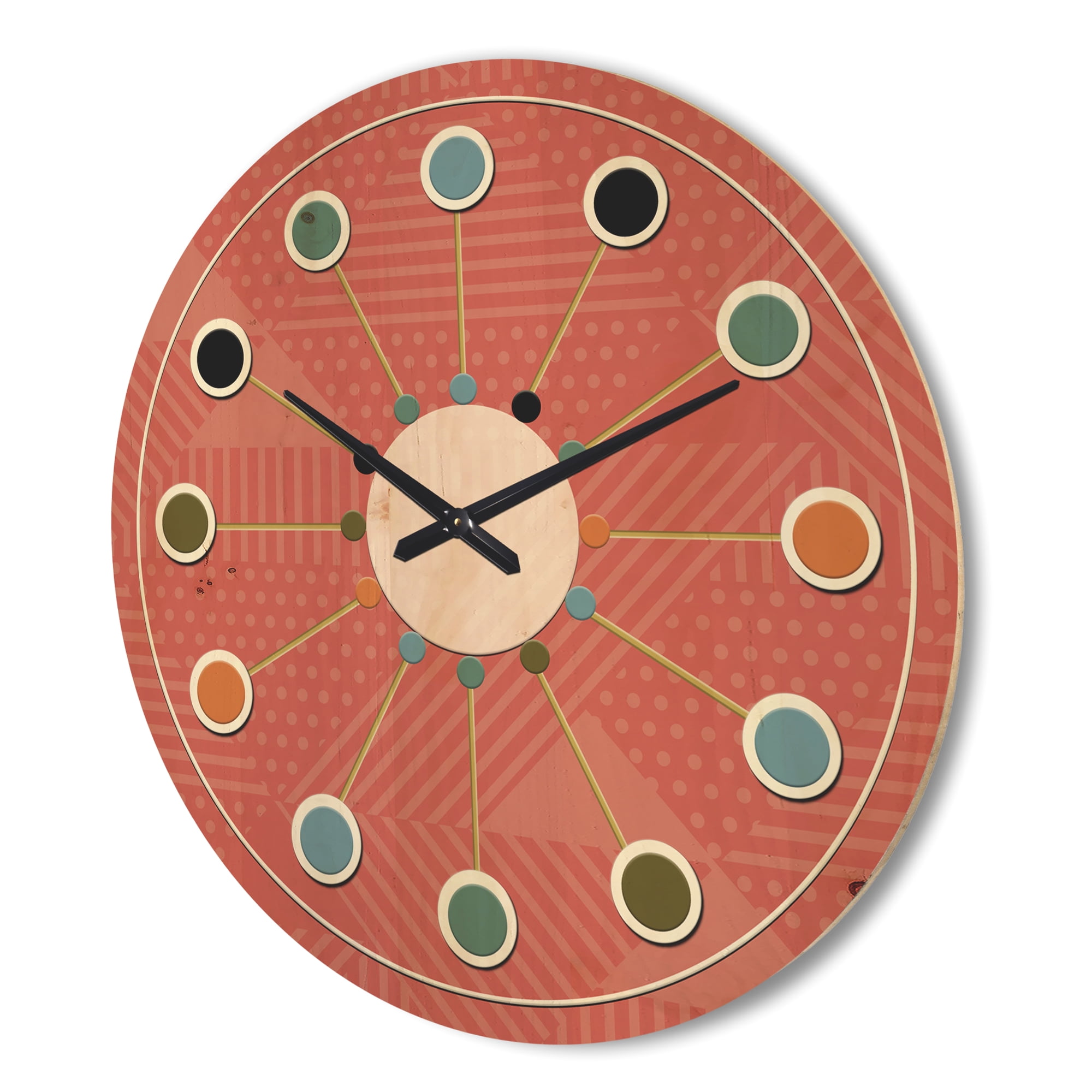 Designart 'Triangual Coral Retro Pattern' Mid-Century Modern Wood Wall Clock