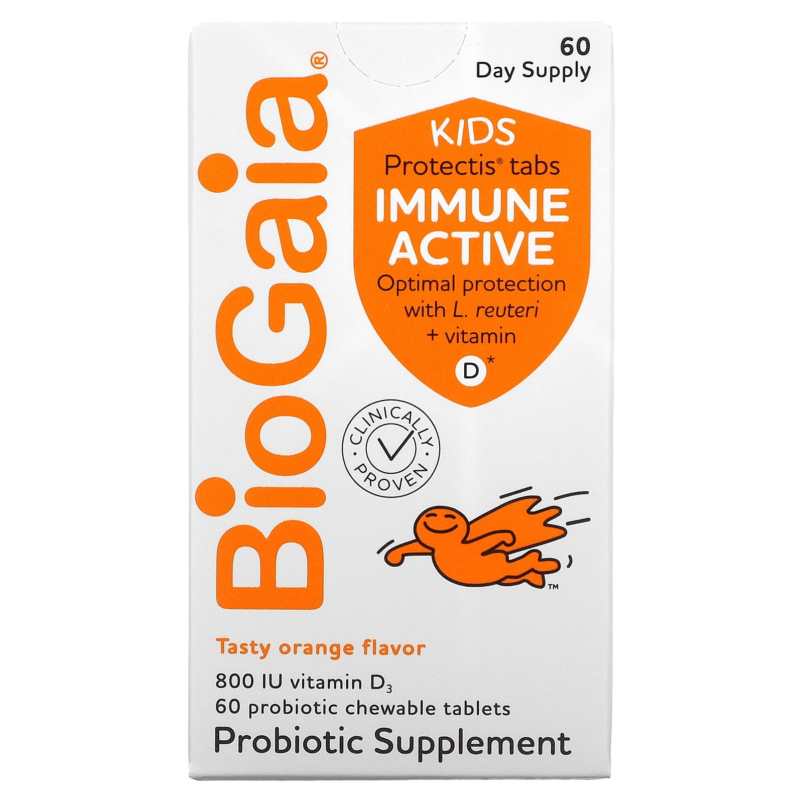 Kids, Immune Active with L. Reuteri + Vitamin D, Orange, 60 Probiotic Chewable Tablets, BioGaia