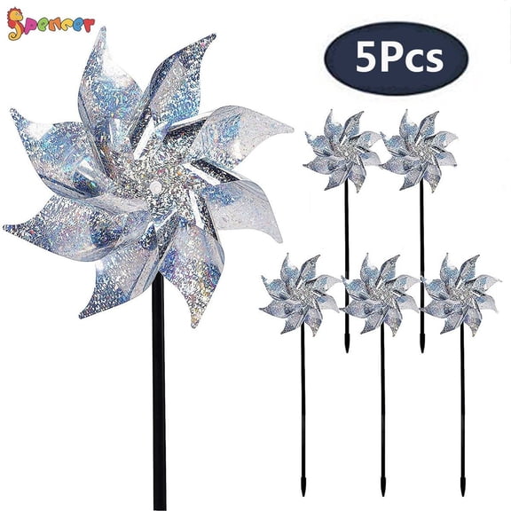 Spencer 5 Pack Bird Blinder Repellent Pinwheels, Extra Sparkly Windmill Effectively Keep Birds Away for Garden Yard Patio Lawn Farm