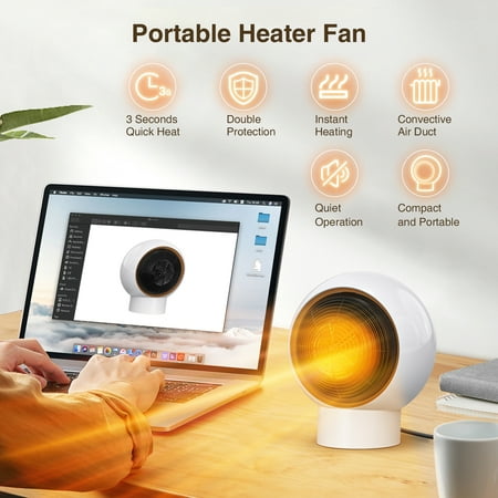 

Flend Small Electric Ceramic Space Heater for Indoor Use Portable Heaters Fan for Office and Bedroom with Adjustable Thermostat 500W (White)
