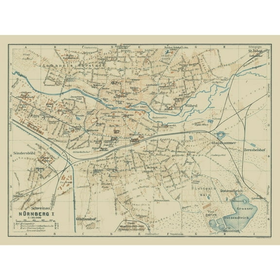 Historic Map - Nuremberg Germany North - Baedeker 1914 - 30.65 x 23 - Vintage Wall Art