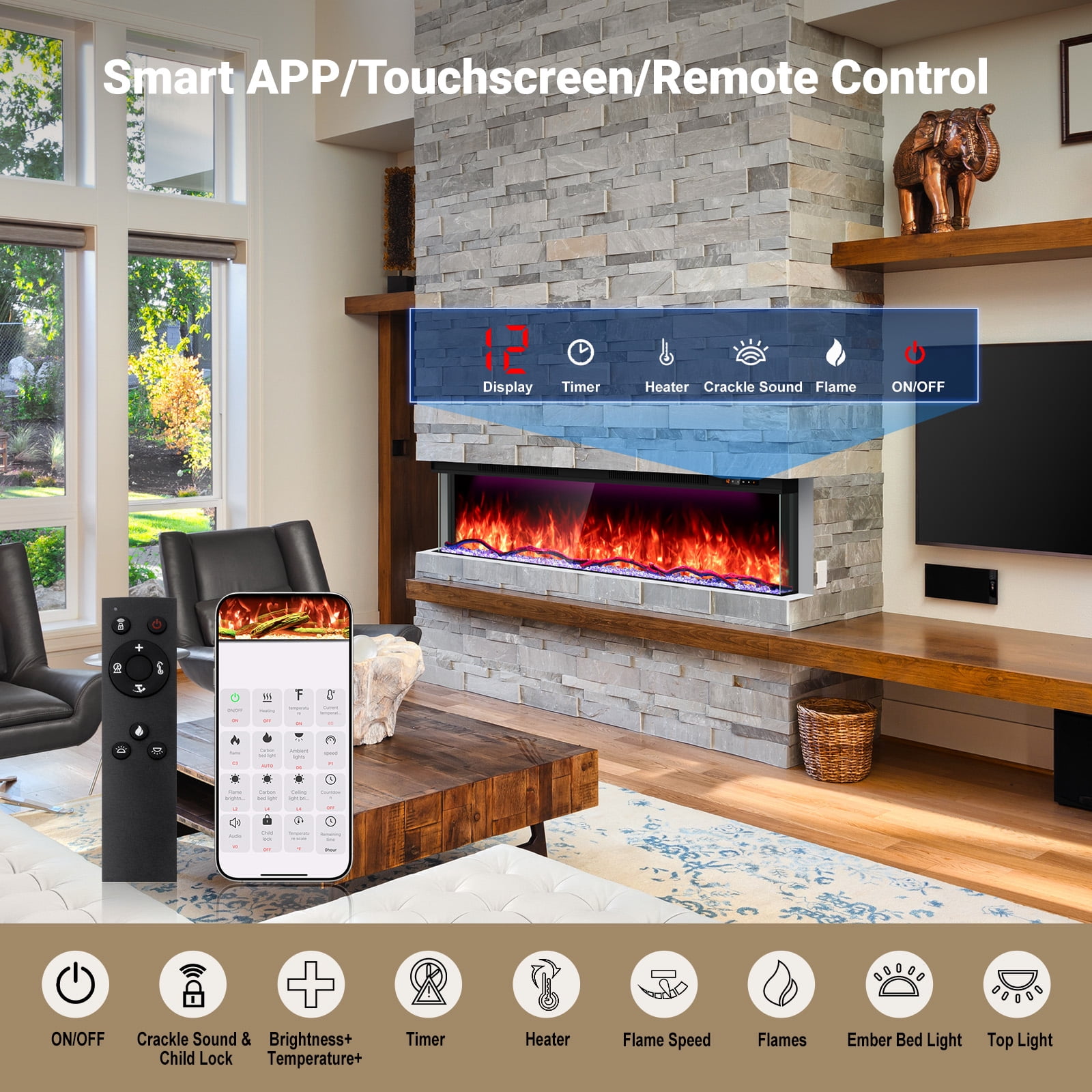 70 inch 3 Sided Glass Electric Fireplace with Touchscreen, APP & Remote Control, Smart Build-in Fire Places Heater 1500W with Multi-Color Flames, Cracking Sound, Timer