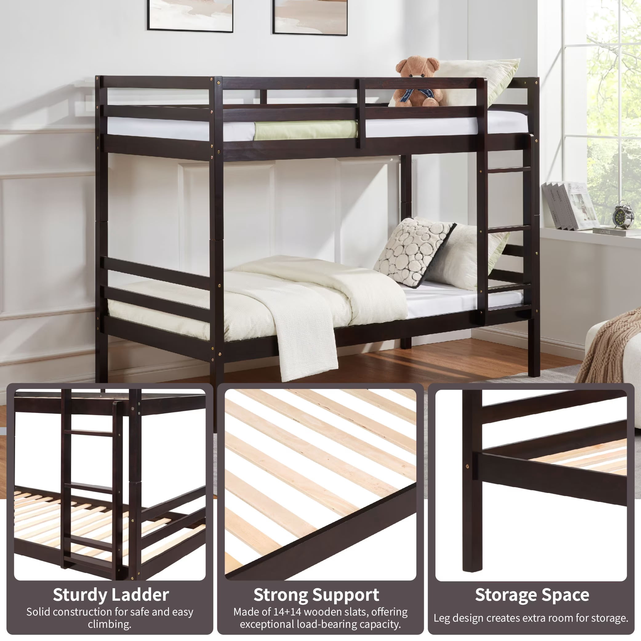Aukfa Twin over Twin Bunk Bed, Wooden Bunk Bed with High Guardrail for Kids/Teens and Dorm Room/Guest Room, Espresso