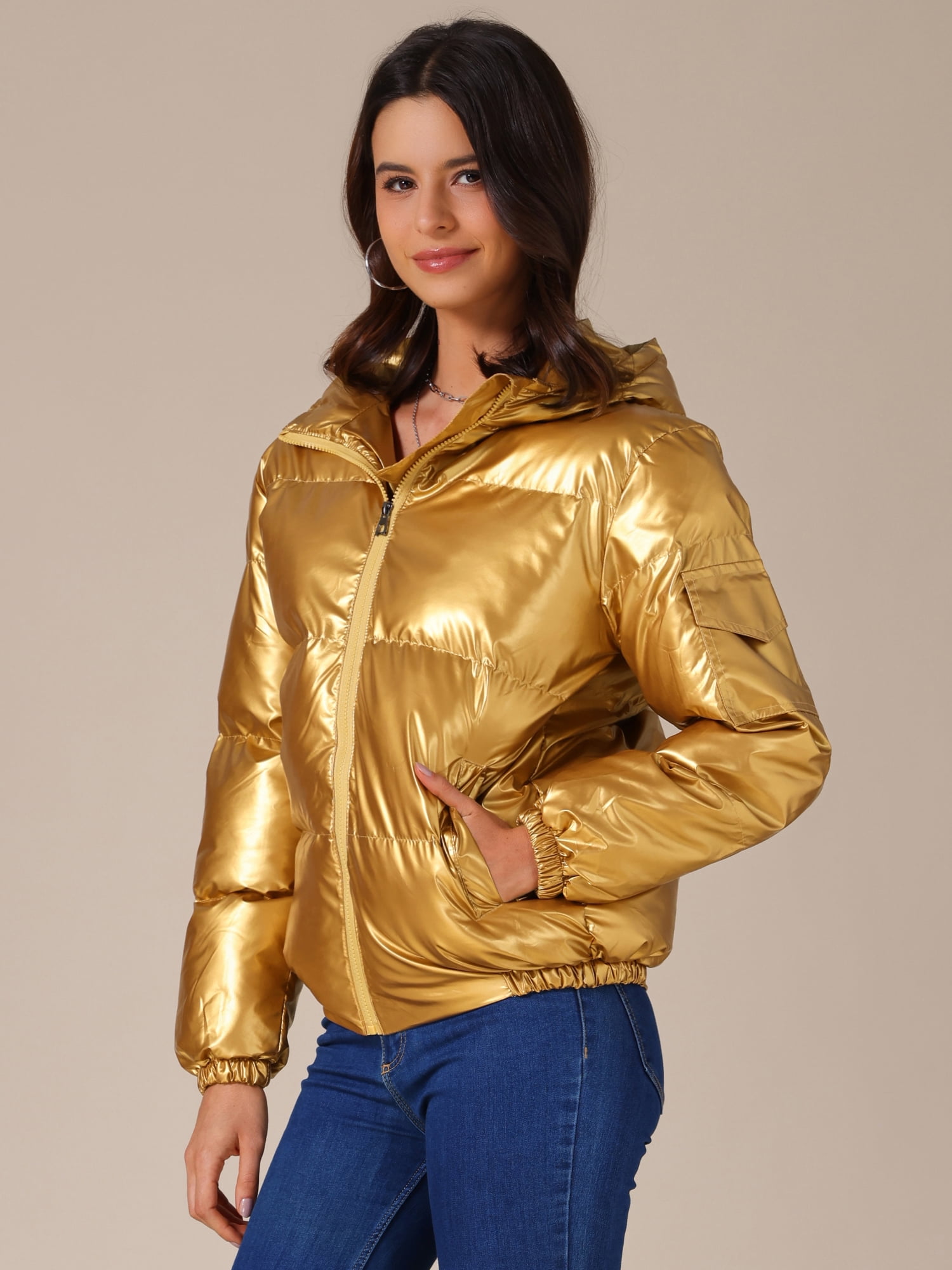 DARING DIVA Women's Holographic Shiny Party Puffer Jacket with Hood M Gold
