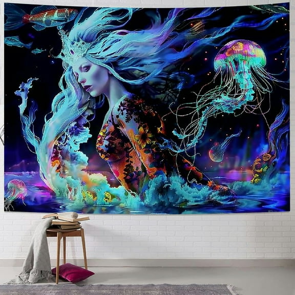 PRATYUS Mermaid Moon Tapestry Fantasy Galaxy Space Jellyfish Tapestry Mountain Ocean Wave Tapestries Wall Hanging for Room Painting