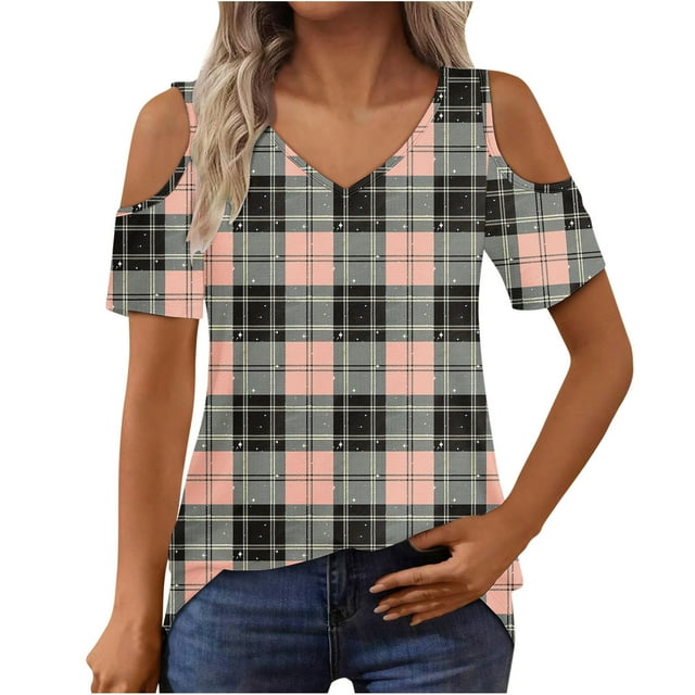 Tops de Algodón para las Mujeres Impresión de Manga Corta Cuello en V Fuera Del Hombro Blusa de Moda, Imitación de Algodón para el Hogar Diario