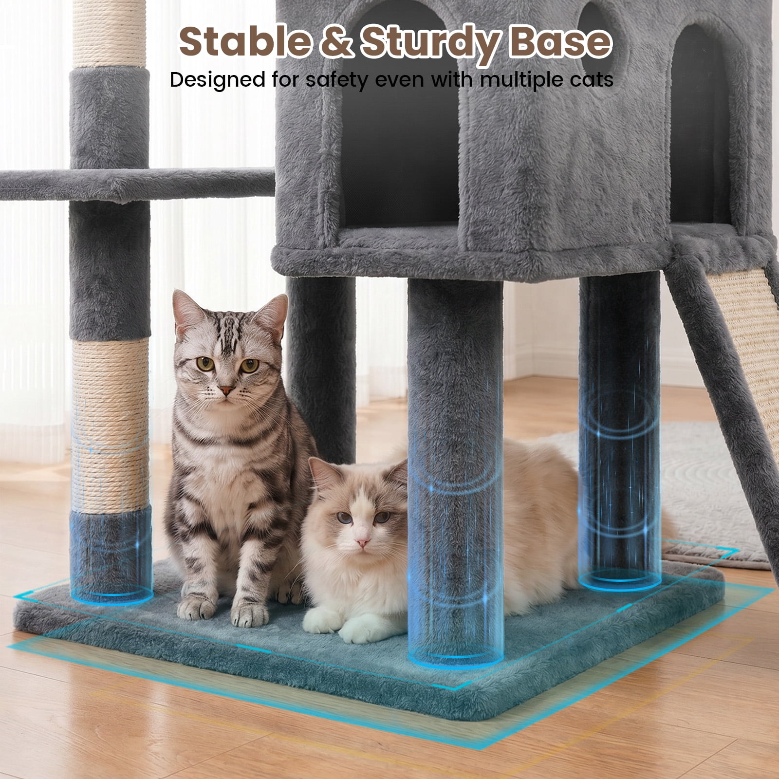 70" Cat Tree Tower, Heavy Duty Cat Tower for Multiple Adult Cats, Multi-Level Tall Cat Tree with 2 Condos, Hammock and Scratching Post for Indoor Kitties, Light Grey