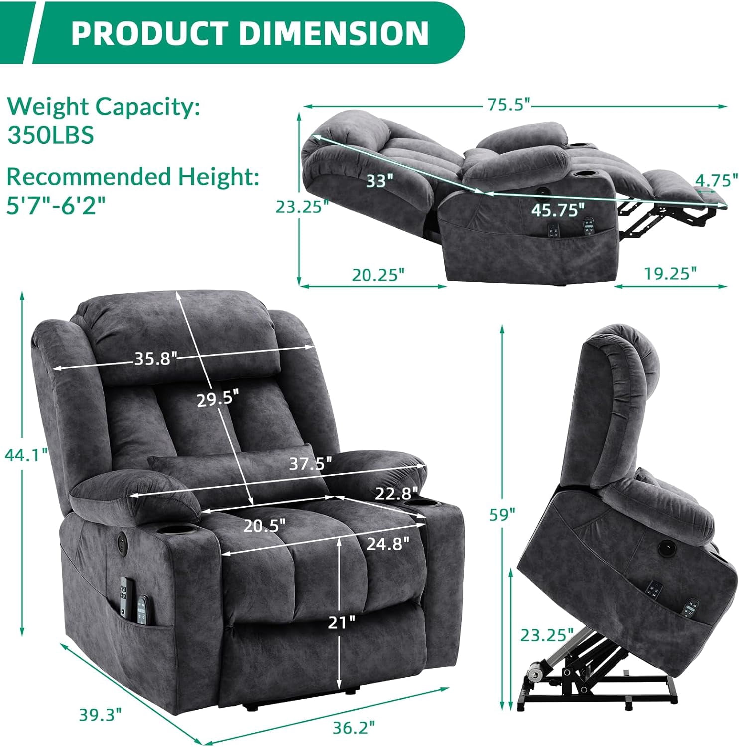 VIVIJASON Tall Man Large Dual Motor Power Lift Recliner Chair with Extended Footrest, Oversized Lay Flat Sleeper Electric Recliner W/Heat & Massage, Lumbar Pillow, USB & Type-C Ports, Plush Gray