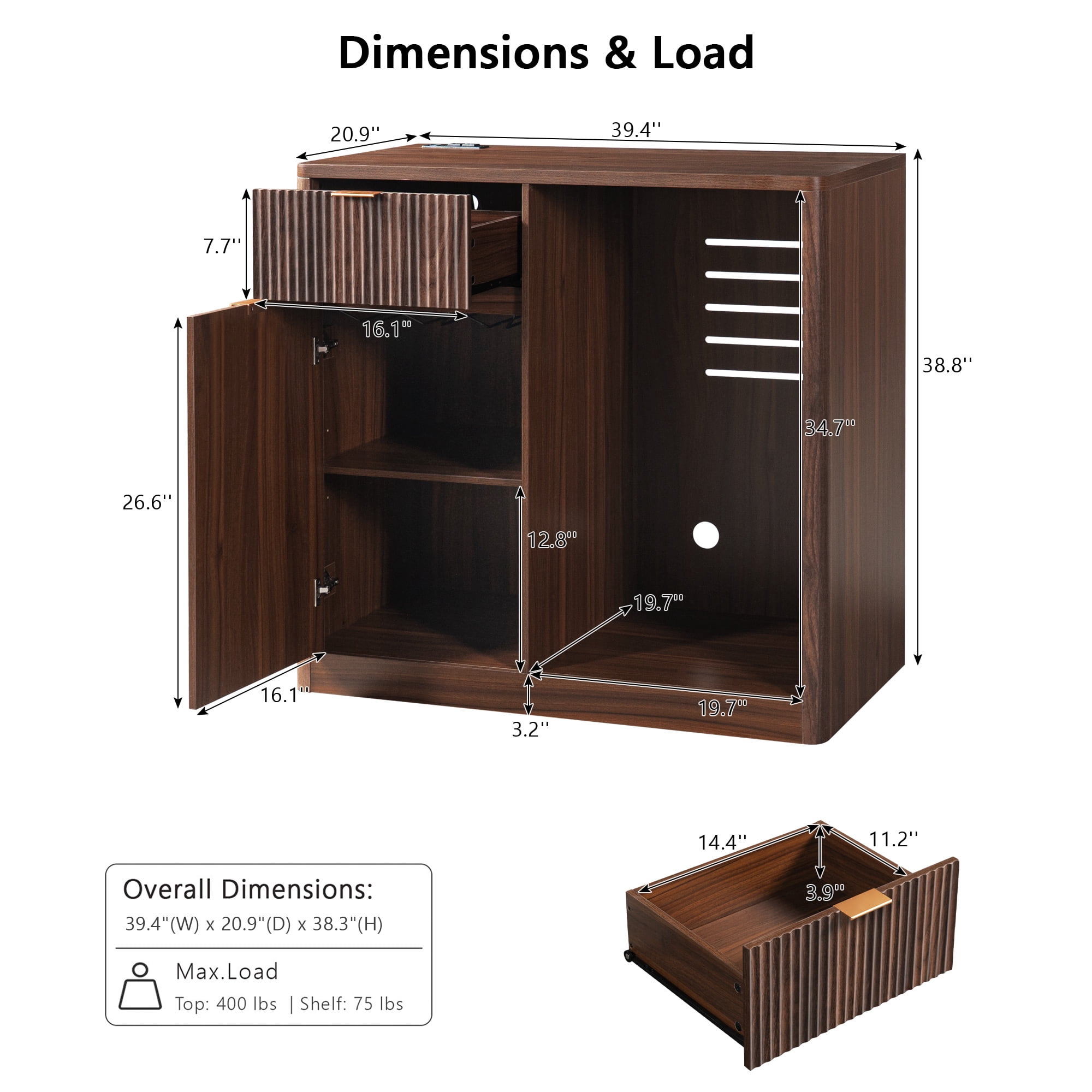 Homy Casa 39.4" Fluted Kitchen Island with Mini Fridge Space, Power Outlet and Storage, Dark Walnut