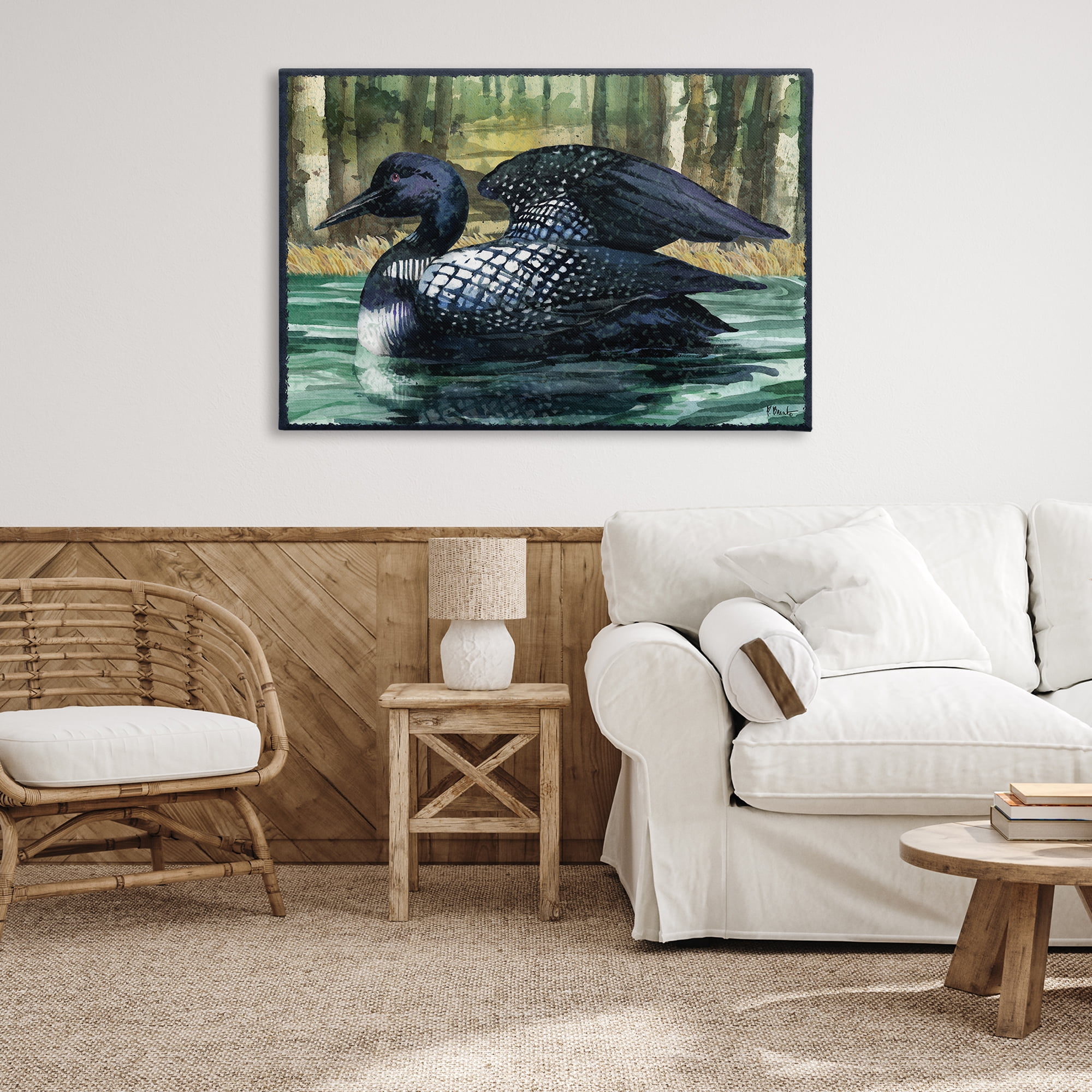 Stupell Industries Swimming Woodland Loon Animals Painting Wrapped Canvas Art Print Wall Art, 45 x 30