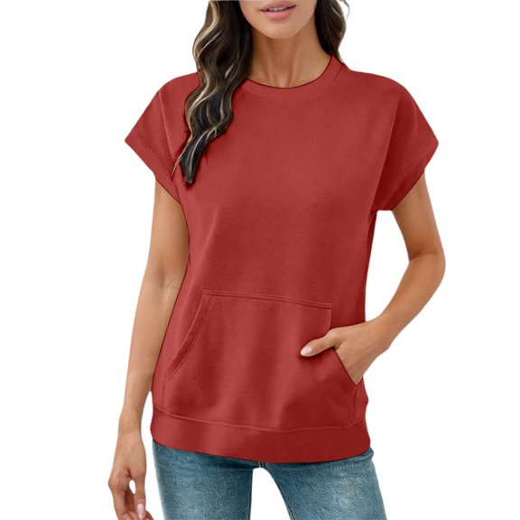 Yuanlong Women's Tshirts Crew Neck Short Sleeve Pocketed Sweatshirt Style Tops Casual Solid Color Elegant Tee Shirts