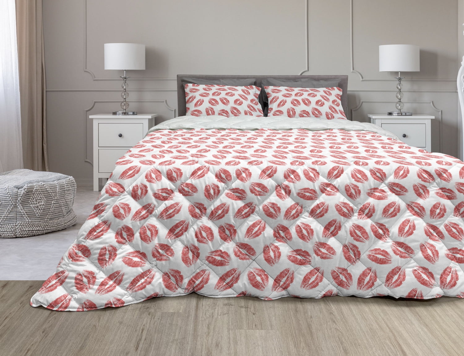 Kissing Comforter & Sham Bedding Set, Feminine Repetitive Pattern with