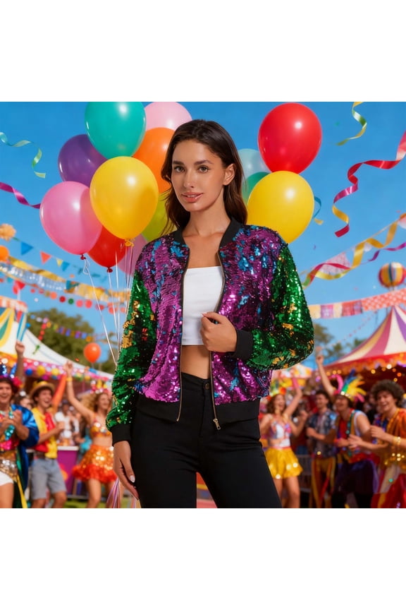 Women's Fashion Loose Carnival Party Jacket Coat - Sparkly Sequined Long Sleeve Zip-Up Outerwear with Functional Pockets - Shiny Festive Blazer Top for Dance Events & Special Occasions