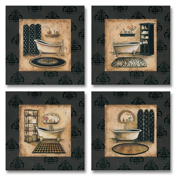Gango Home Decor Black and Tan Animal Print Clawfoot Bathroom Set; 4 - 12" x 12" Unframed Prints