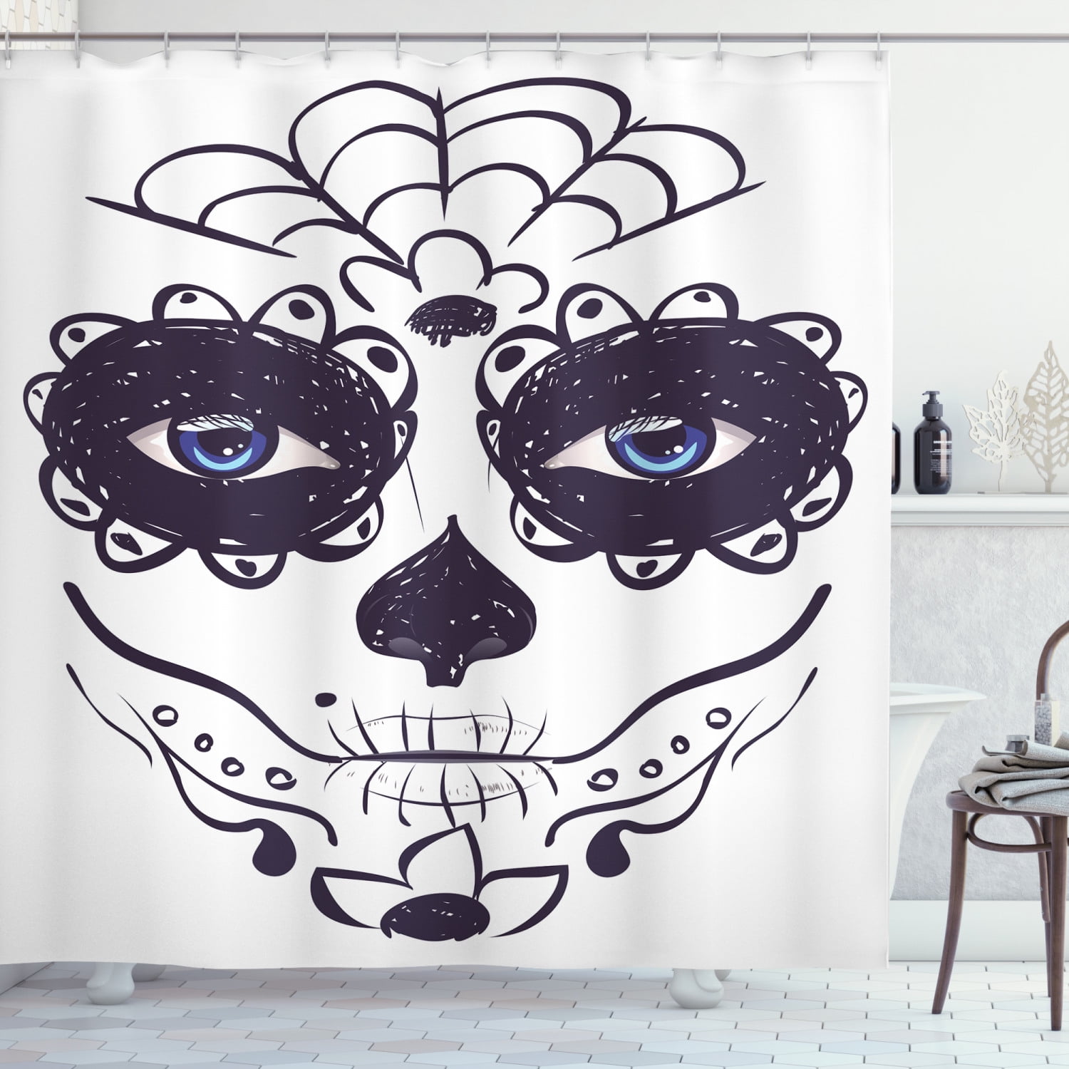 Bathroom Mat Shower Curtain & Hook Waterproof Fabric Day of the Dead Sugar Skull 