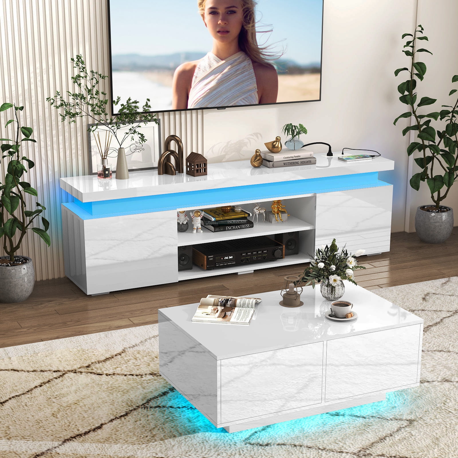 LED TV Stand for TVs up to 75" with Power Outlets, High Gloss Gaming Entertainment Center Media Console with Sound Bar Shelf