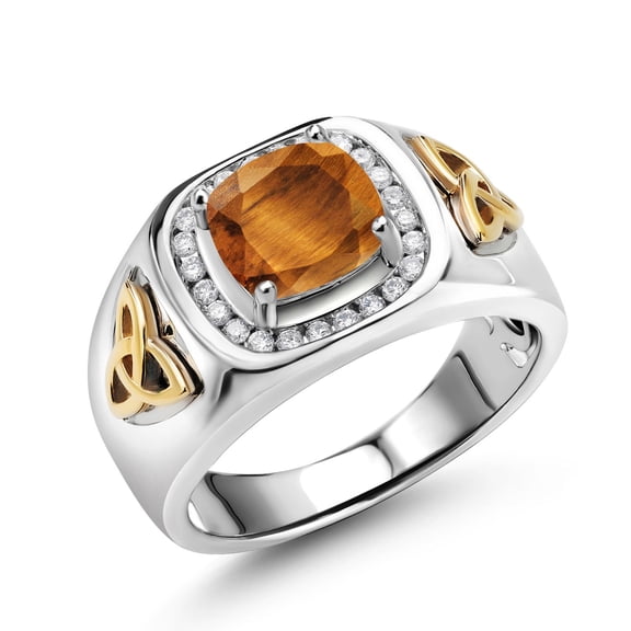 Gem Stone King 2.26 Ct Brown Tiger Eye Lab Grown Diamond 925 Silver and 10K Yellow Gold Men's Ring | Size 13