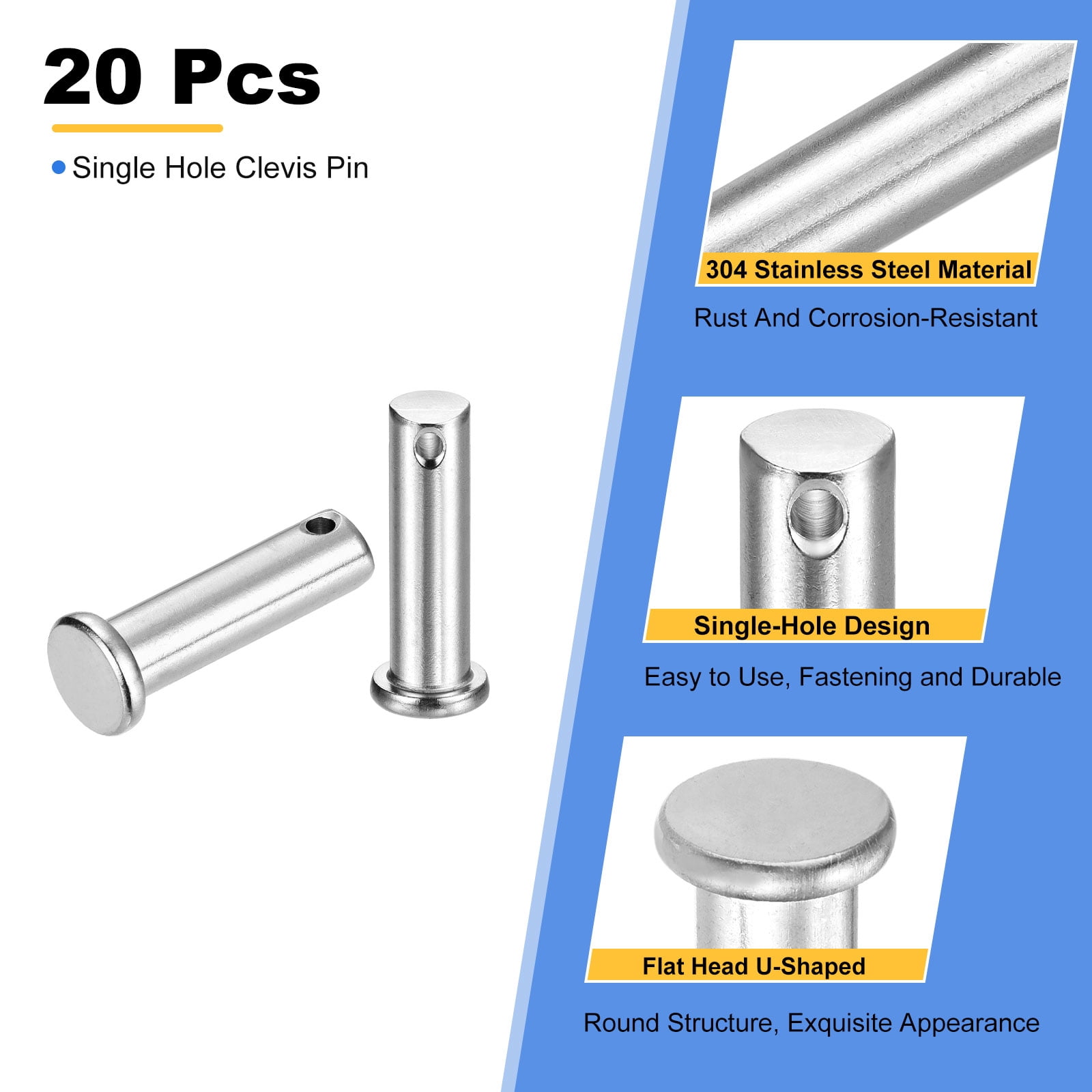 20Pcs M10 x 35mm Single Hole Clevis Pins, 304 Stainless Steel Flat Head Pin