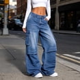 thumbnail image 2 of UKHCCC Wide Leg Jeans for Women High-Waisted Stretch Cotton Cargo with Pockets Denim Pants Casual Loose Fit Y2k Baggy Trousers Streetwear XS-XL, 2 of 9