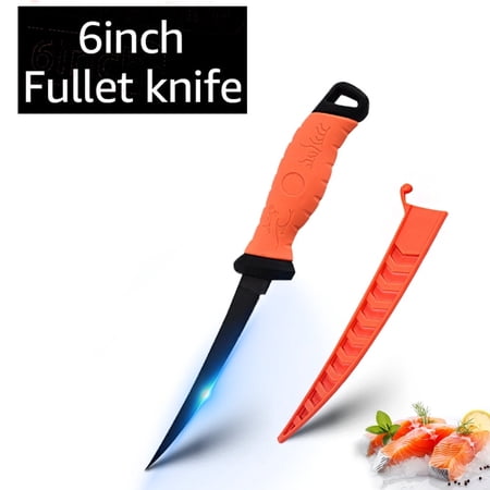 Fish Fillet Knife Fixed-Blade Fishing Knife Curved Boning Knife with Sheath Cover and Saver Lock with Non-Slip Handles