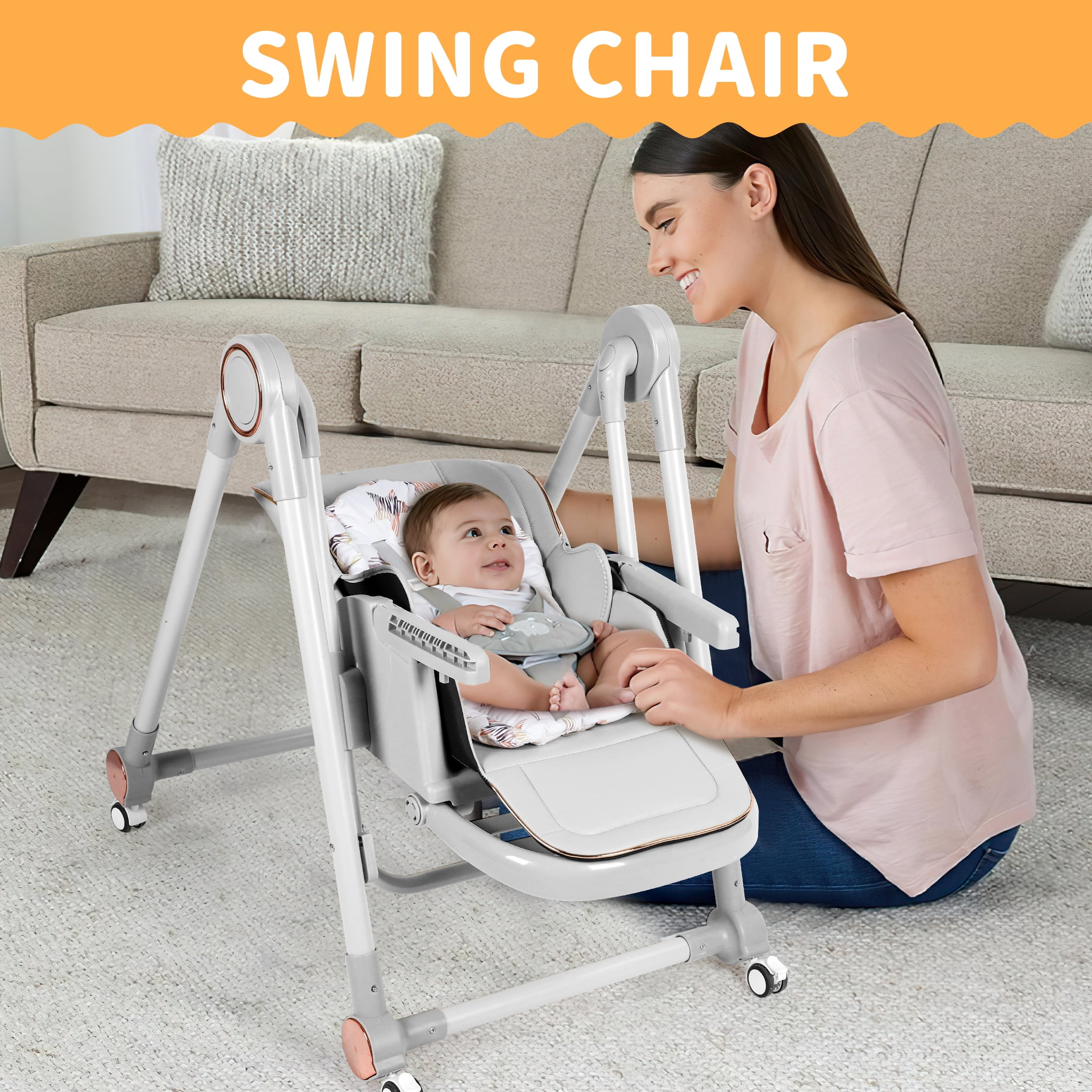Loewten 3-in-1 Baby High Chair,Convertible Baby Swing,Foldable Infant Dining Chairs Seat with Wheels for Babies and Toddlers,Gray