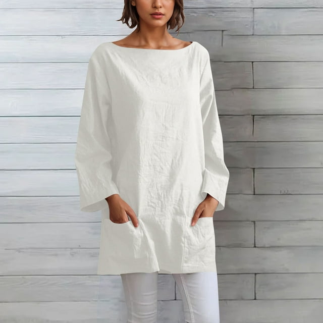 Soki Womens Linen Long Sleeve Short Dresses Round Neck with Pockets