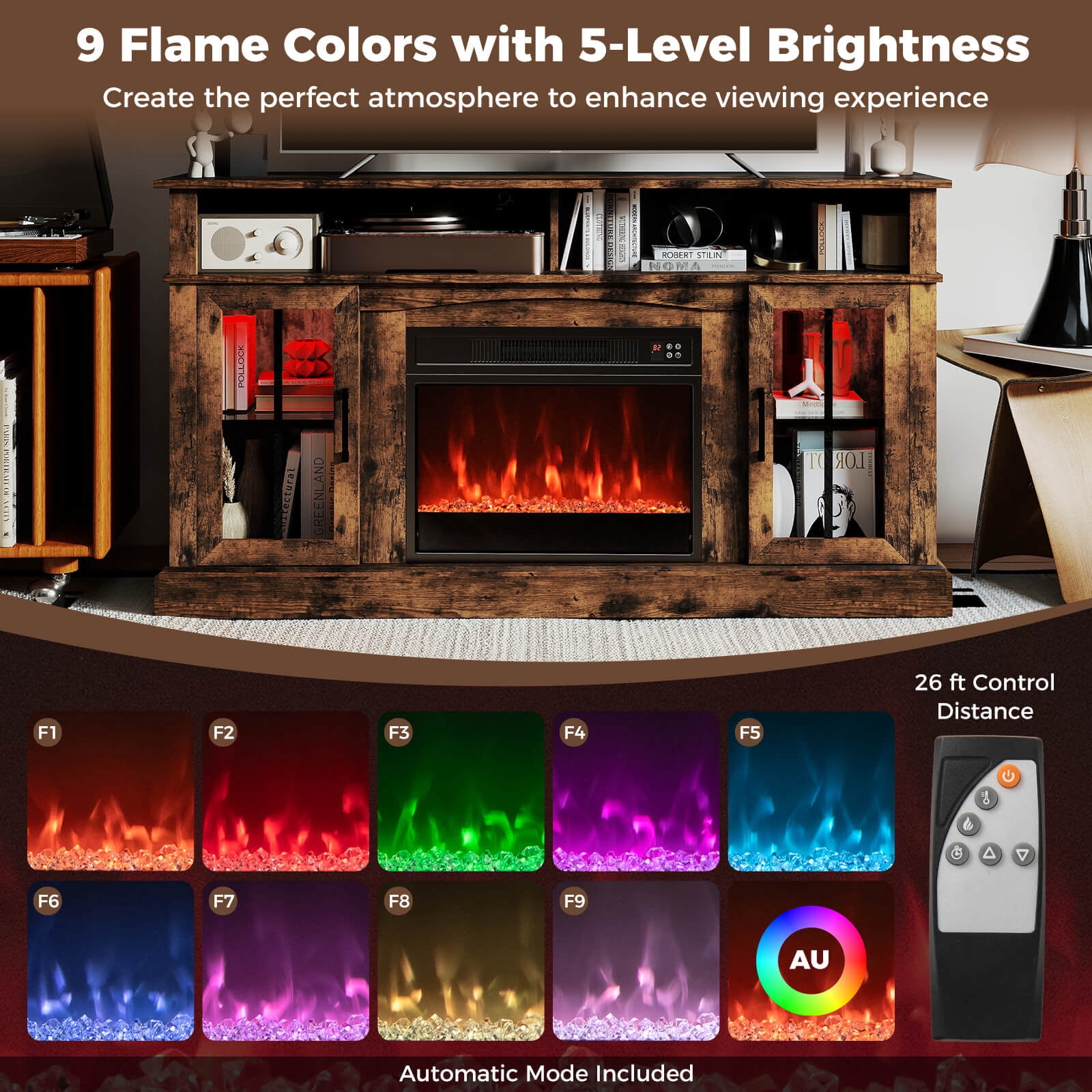 Costway 58" Fireplace TV Stand with LED Lights Entertainment Center for 65 Inch TV Brown