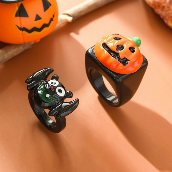 2Pcs Bat Pumpkin Rings Fashion Plastic Rings Finger Accessories for Birthday Halloween Christmas Jewelry Gift