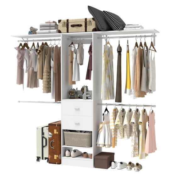Closet System, Walk-In Organizer with 2 Drawers & 5 Expandable Rods, Adjustable 4–9Ft, White