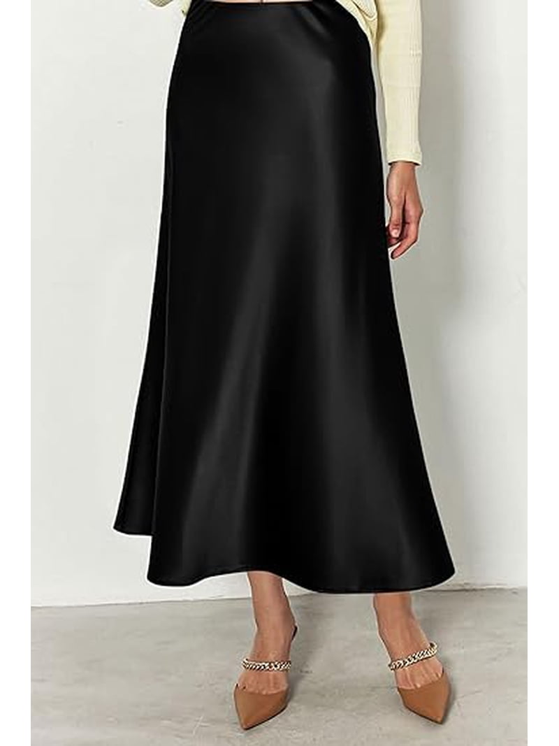 PRETTYGARDEN Women's Midi Skirt - High Waisted A-Line Ruffle Satin Skirt, Dressy Casual For Summer 2025