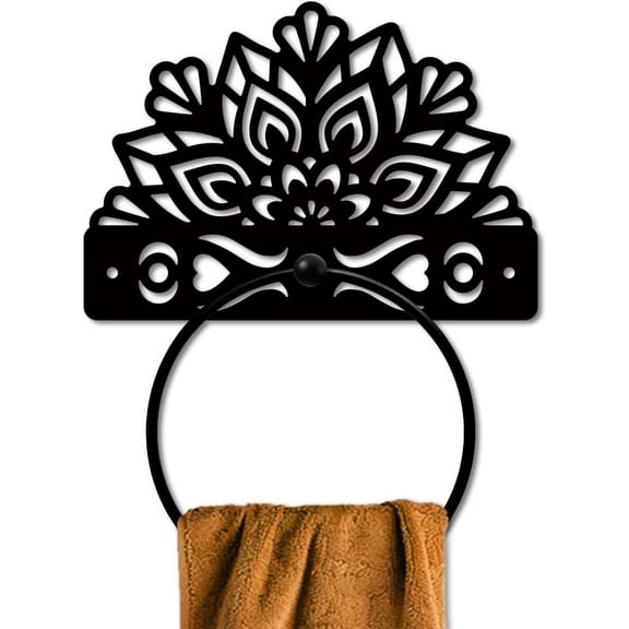 Vintage Floral Towel Ring Mandala Metal Towel Holder Style Towel Hanger Black Art Flower Towel Rack Wall Mounted for Bathroom Accessories Wall Mounted Decoration