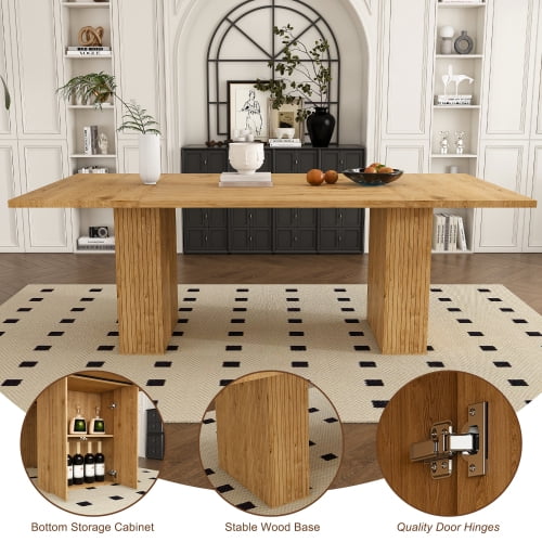 78 Inch Dining Table with Storage Base, Wood Veneer Rectangular MDF Farmhouse Table for 6, Modern Rustic Kitchen Table with Soft-Close Doors for Dining Room, Oak