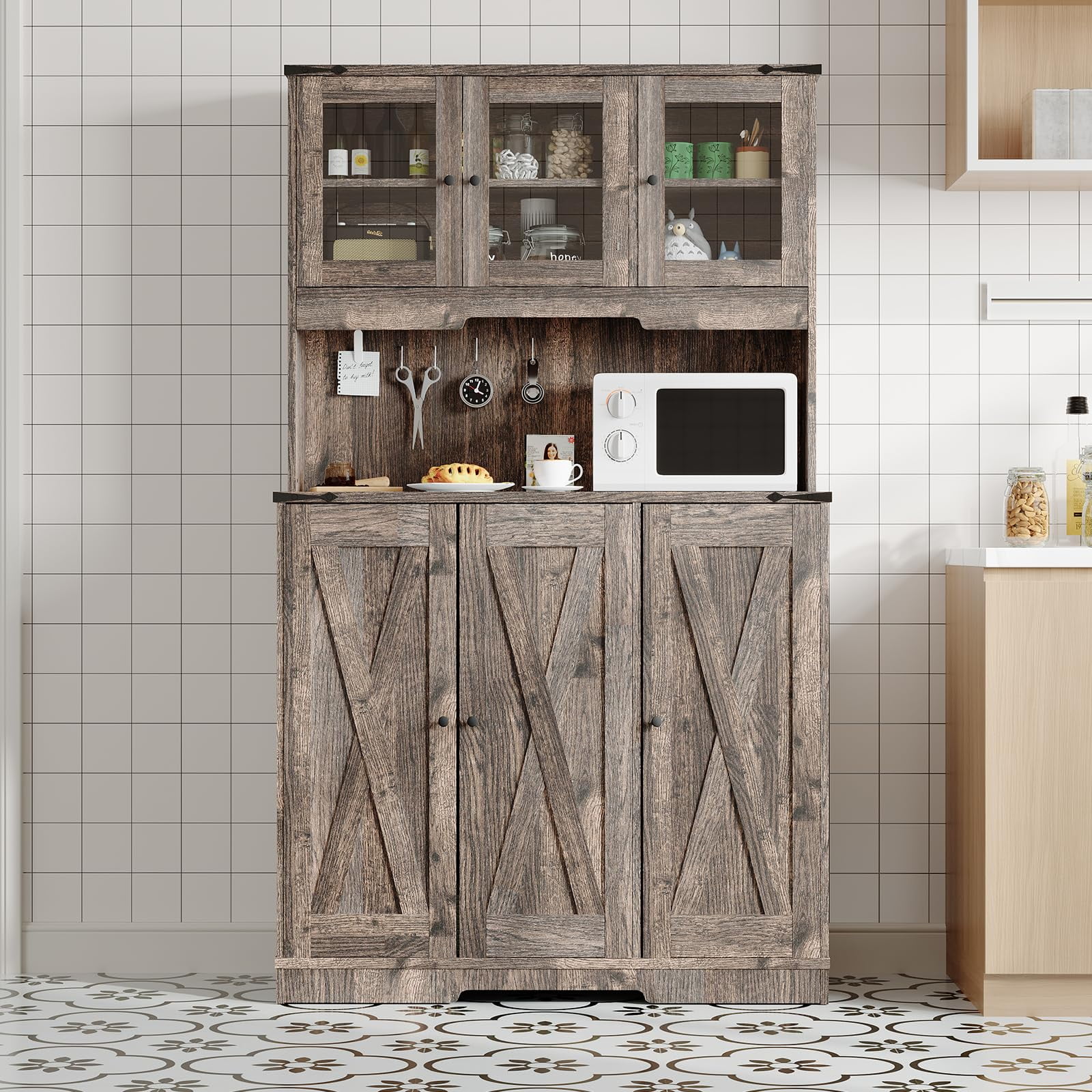 COZONY Rustic Kitchen Pantry Cabinet with Charging Station, Farmhouse Hutch Cupboard with Countertop, 8 Compartments & Adjustable Shelves for Living Room & Kitchen,Dark oak