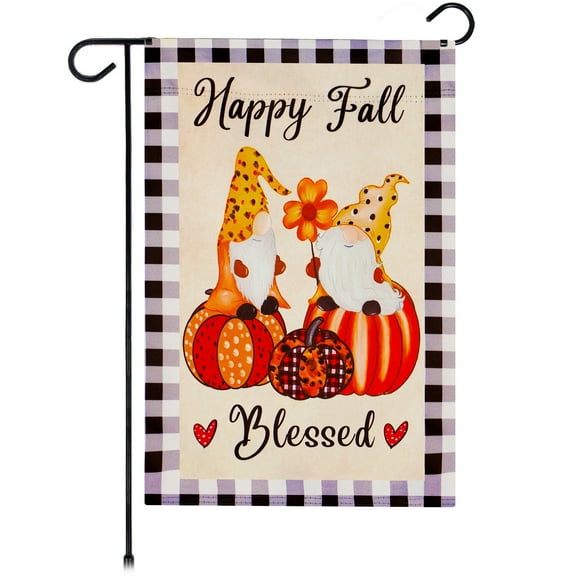 G128 Double-sided Happy Fall Garden Flag, Blessed Gnomes on Pumpkins, 12x18 in Block-out Fabric, Outdoor Seasonal Decor