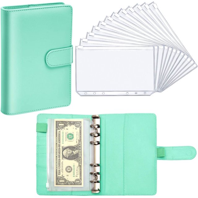 PU Leather Notebook Binder Budget Planner Binder Cover with 12 Pieces Binder Pocket Personal Cash Budget Envelopes System 6 Hole Binder Zipper Folder(Green)