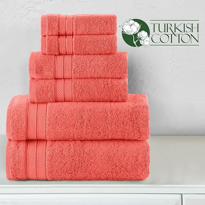 Elegant Comfort 6-Piece Towel Set - Three Line Popcorn Design, 100% Turkish Cotton, Soft and Absorbent, Quick-Drying, 2 Bath Towels, 2 Hand Towels, 2 Washcloths - Coral