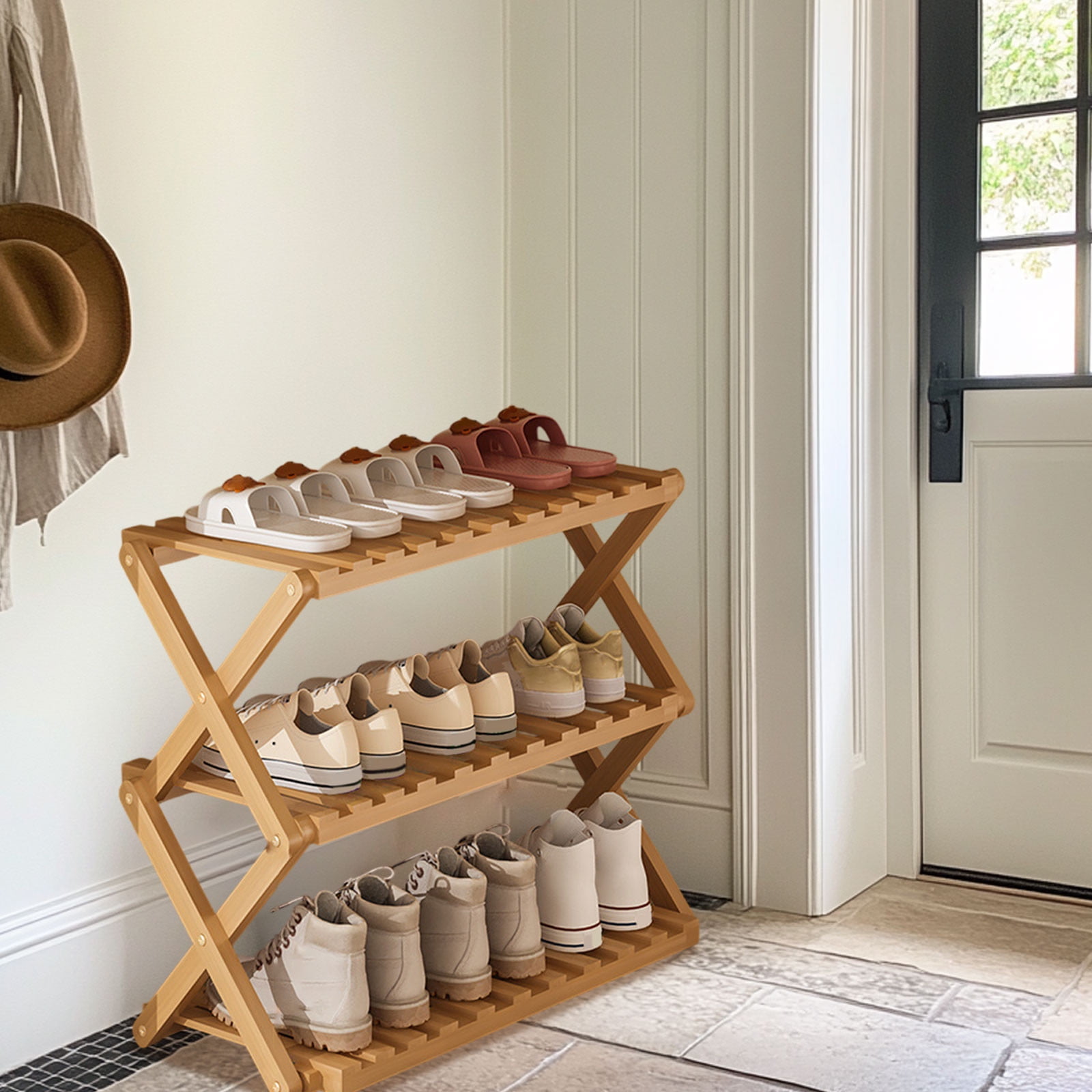 DAMAI 3 Tier Bamboo Shoe Rack,Portable Folding Multifunctional Free Standing Shoe Shelf Storage Shoe Storage Rack,Without Installation Small Shoe Rack Perfect for Corridors,Bedrooms and Small Spaces