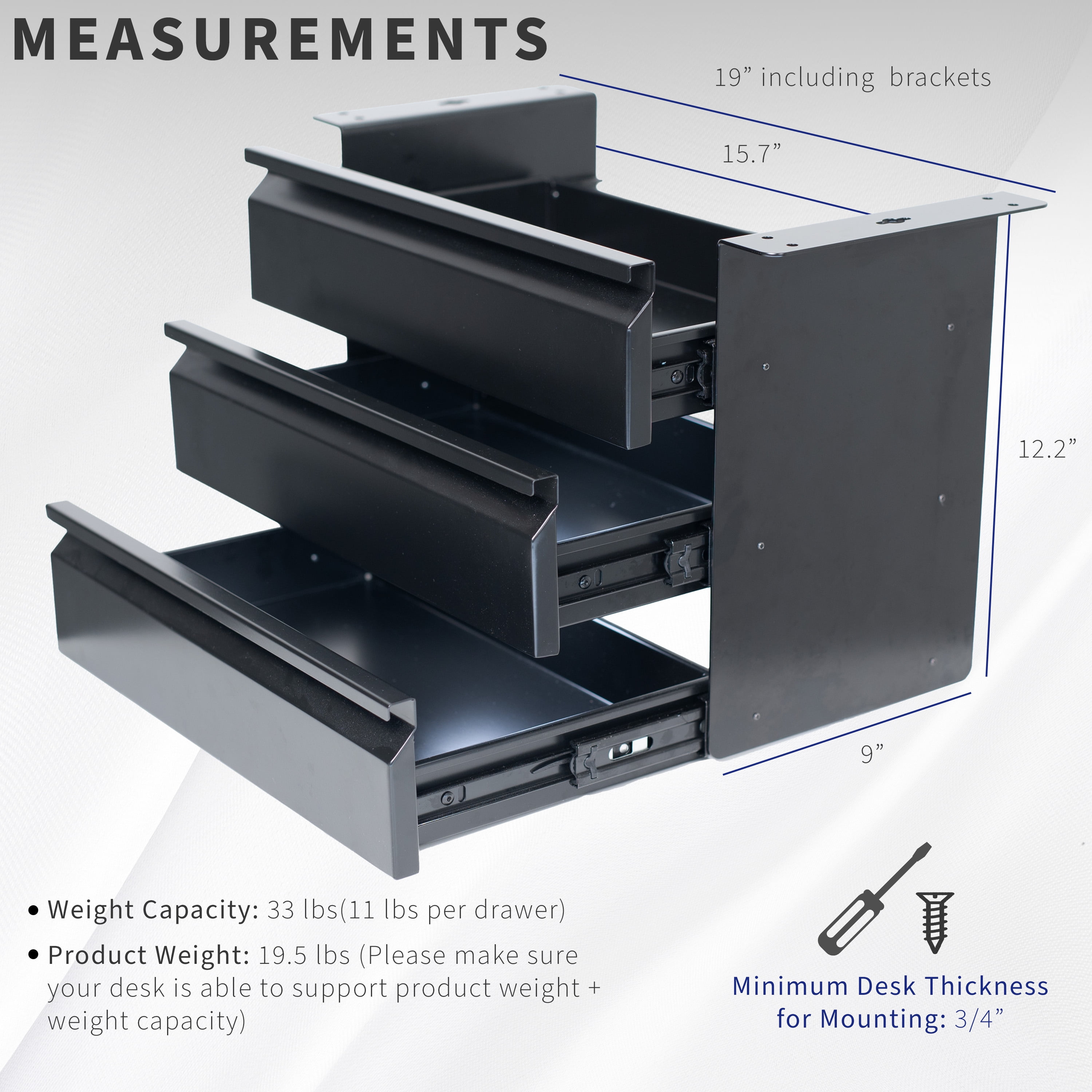 VIVO Black 3 Level 16" Pull Out Under Desk Storage Drawer Set