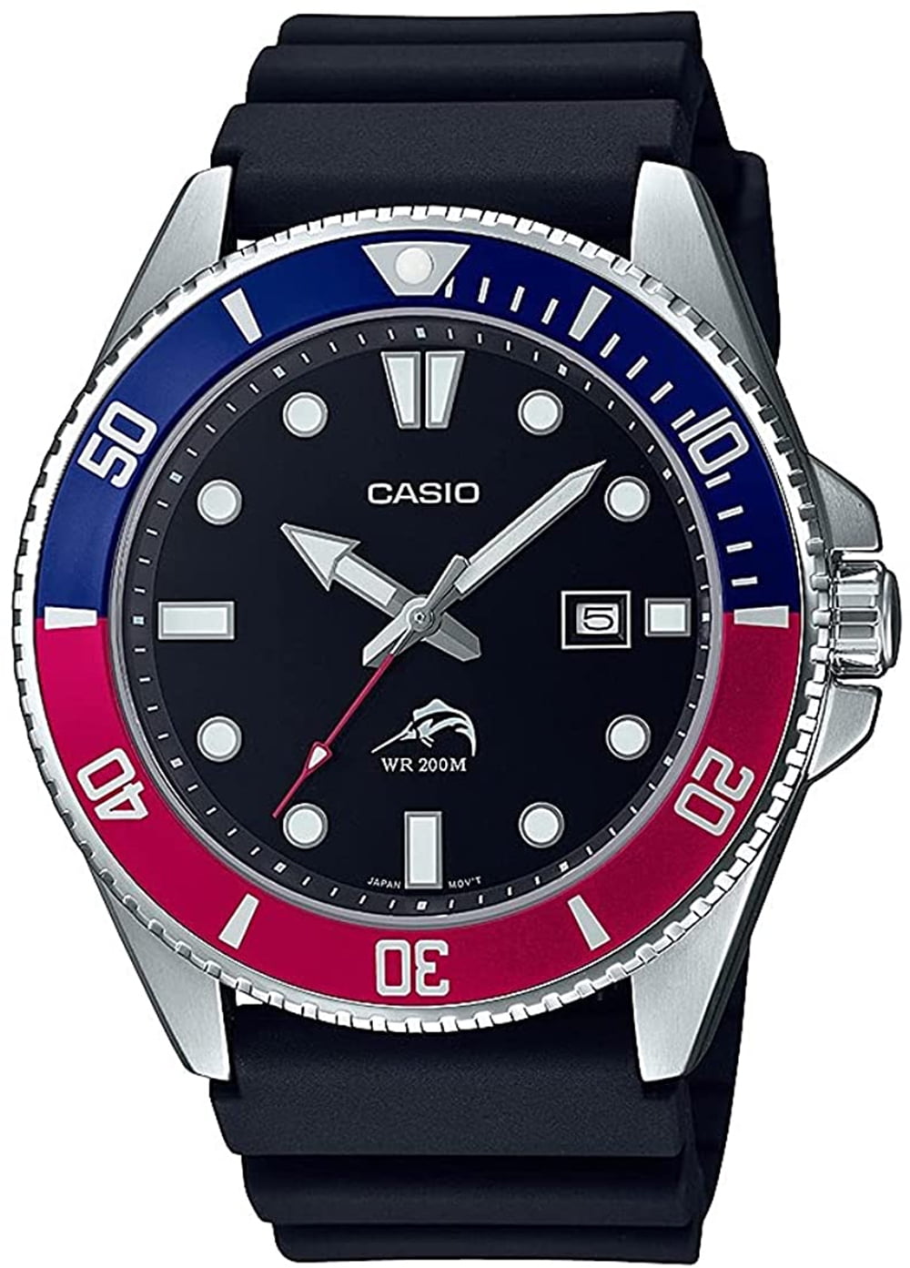 Relógio esportivo masculino Casio de quartzo 200 m de aço inoxidável/resina preta MDV106B-1A2V